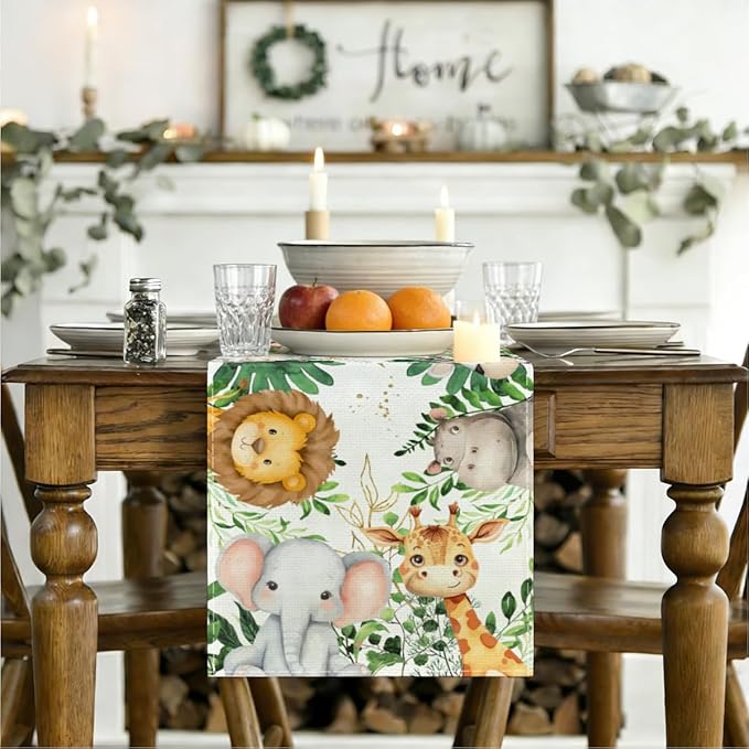 Elephant Giraffe BabyShower Table Runner, Seasonal Spring Summer Decoration for Tables Rustic Summer Decorations for Living Room Kitchen Home Party Indoor Outdoor Table Decor 13 x 72 Inches