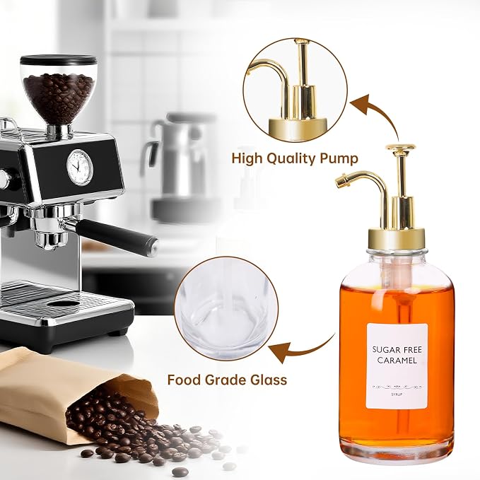 STARSIDE Coffee Bar Accessories 4 Pack - 16.9 oz/500 ml Glass Syrup Dispenser with Leakproof Gold Curved Pumps for Home Coffee, Cafes, Cocktails - Includes 31 Printed Labels, 5 Blank Labels