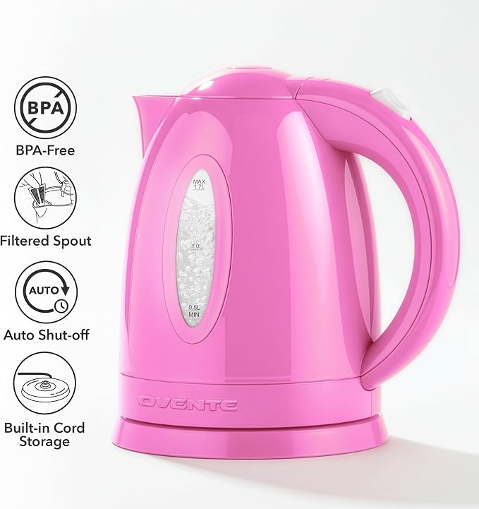 OVENTE Electric Kettle, 1.7L Fast Boiling Water Heater for Coffee or Tea, BPA Free with Water Level Gauge, Auto Shut-Off, Boil-Dry Protection, Indicator Light and Removable Filter, Pink KP72P