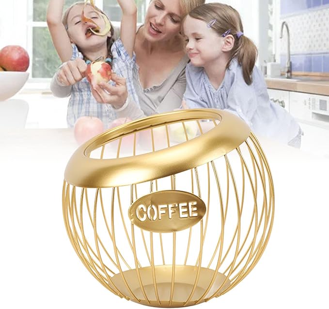 Coffee Pod Holder for Countertop, Coffee Pod Basket Metal Capsule Storage Basket Metal Coffe Pods Storage Large Capacity Coffe Station Organizer (Gold)