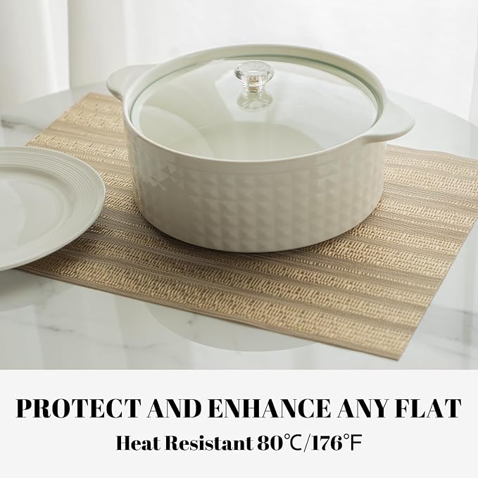 Placemats Set of 8 Vinyl/Plastic Woven Place Mats for Kitchen Table Indoor/Outdoor Washable Placemat Wipeable Dining Table Mats (Aurora Gold,8)