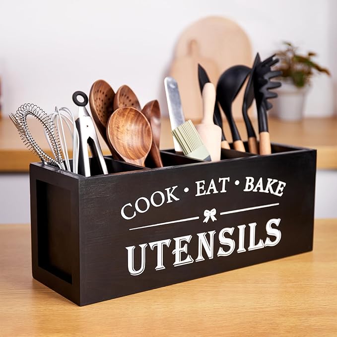 WDT Tool Utensil holder for Kitchen Counter Large Round Utensils Holder with Wooden Base Matte Black Cooking Utensil Holder，Kitchen countertop Utensil Organize (Black-4 Compartments)