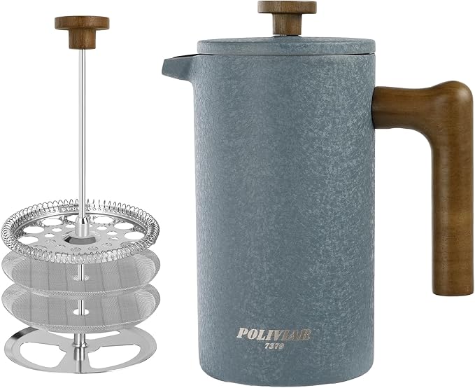 POLIVIAR French Press Coffee Maker, 34 oz | Real Wood Handle Coffee Press, Double Wall Insulation, Dual-Filter Screen, Food Grade Stainless Steel, For Coffee and Tea