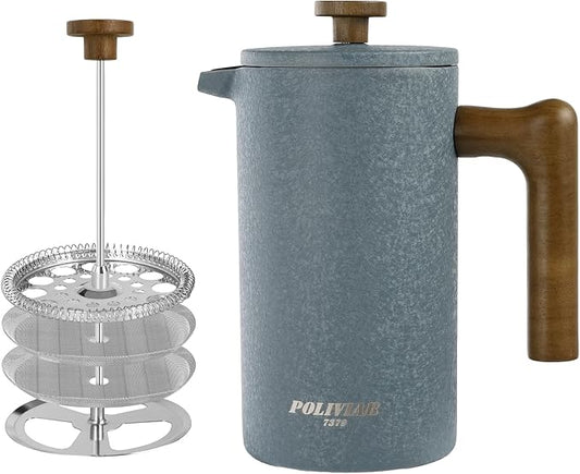 POLIVIAR French Press Coffee Maker, 34 oz | Real Wood Handle Coffee Press, Double Wall Insulation, Dual-Filter Screen, Food Grade Stainless Steel, For Coffee and Tea