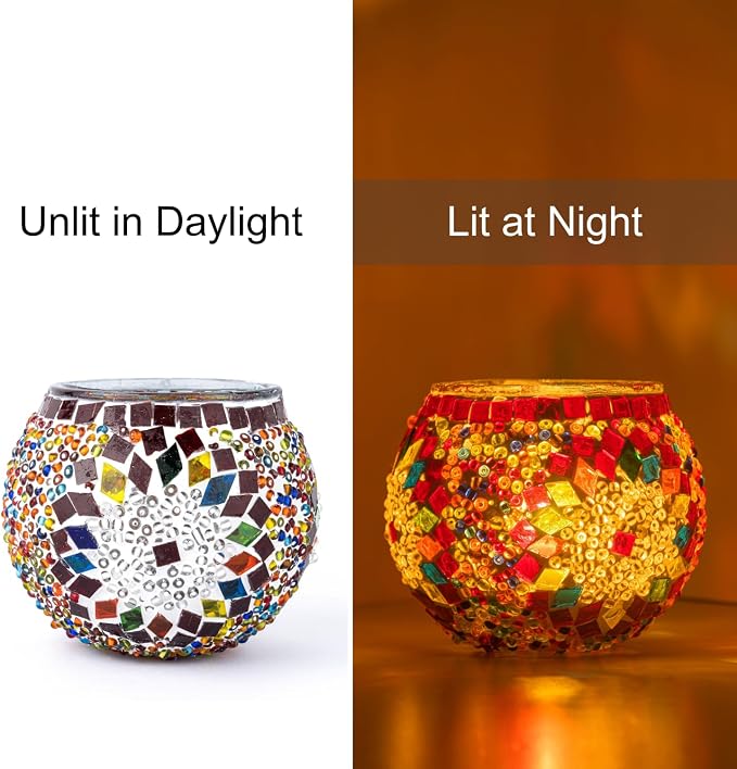 KAFTHAN Mosaic Glass Large Single Candle Holder - Round Bowl, Plant Pot, Votive Candle Holder - Decorative Vase & Unique Centerpiece for Wedding, Ball & Home - (3.7" x 3.5", Multicolor Star Circle)