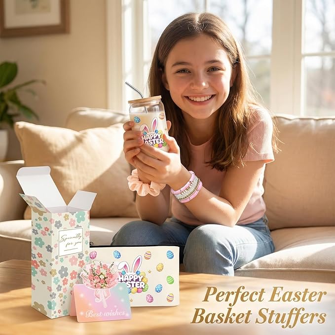 Easter Gifts for Teens Basket Stuffers Bunny Drinking Glasses Cup Coffee Mug with Lid & Straw Spring Easter Gifts for Women