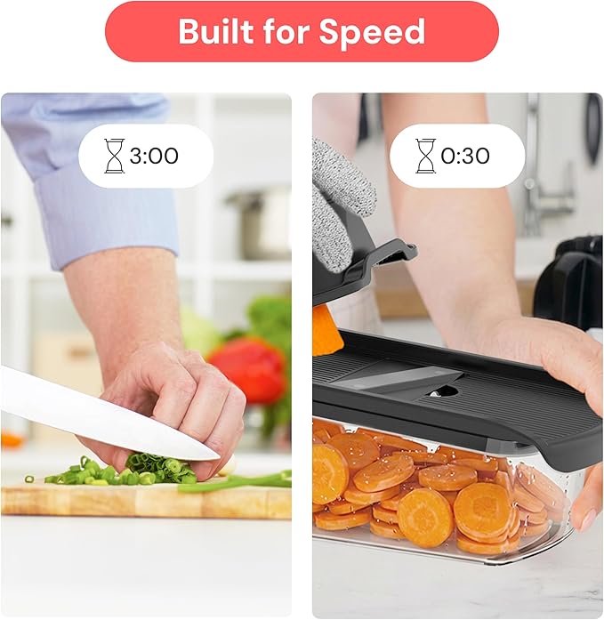 Fullstar Mandoline Slicer for Kitchen, Fruit Cutter, Cheese Grater, Cucumber Slicer, Veggie Spiralizer, Food Cutter & Kitchen Gadgets & Gifts with Safety Glove (6 in 1, Black)