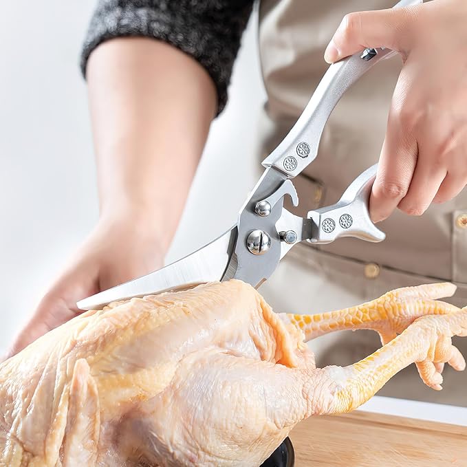 ZICOLU Poultry Shears Heavy Duty Professional, Multipurpose Kitchen Shears with Sheath, Spring-Loaded Stainless Steel Chef Scissors Cutting Bone, Chicken, Fish, Food, Meat, Full Steel Handle Brown