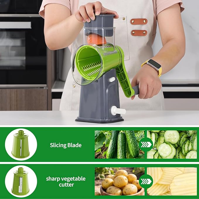 Ourokhome Rotary Cheese Grater Cheese Shredder with 5 Interchangeable Blades, Rotary Grater with Non-slip Suction Base Hand Crank Slicer for Vegetable Nuts Grey