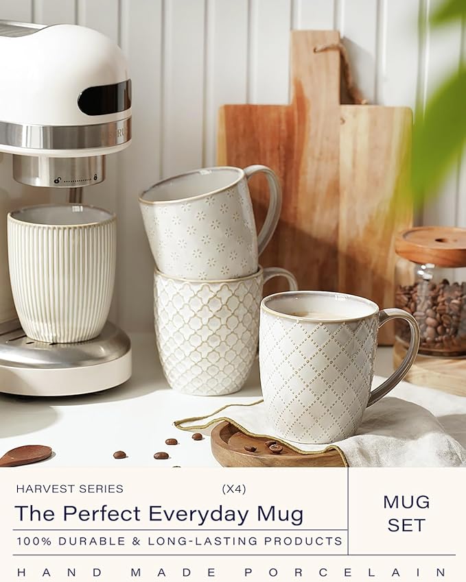 getstar Ceramic Coffee Mugs 12oz Set of 4, Pottery Coffee Tea Cup Set for Kitchen with Texture Patterns for Coffee, Tea, Hot Cocoa, Milk, Microwave and Dishwasher Safe