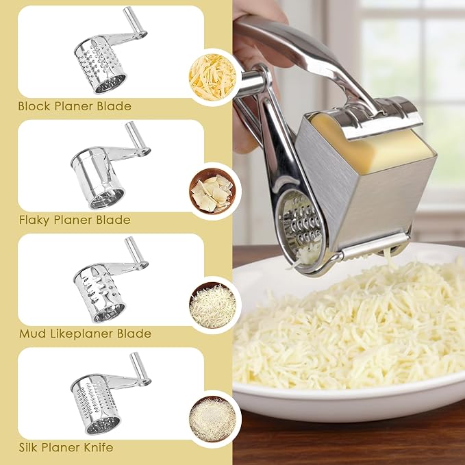 Stainless Steel Rotary Cheese Grater, Manual Hand Crank Shredder Slicer with 4 Drums, Handheld Kitchen Tool for Hard Cheese, Chocolate, Nuts