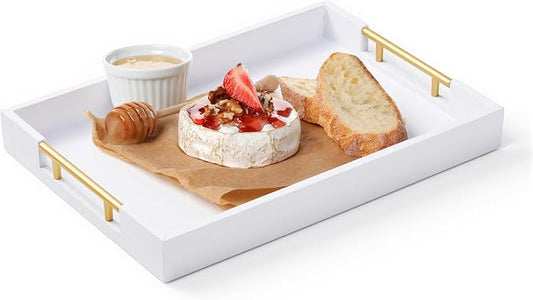 Serving Tray for Ottoman - 17"x12" Large Wood and Faux Leather Decorative Tray for Coffee Table Platter, Living Room Decor, Bathroom - Rectangle Tray with Gold Polished Metal Handles
