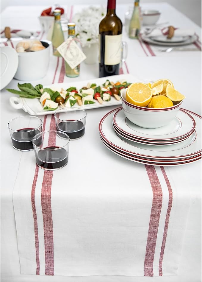 Solino Home Linen Table Runner 72 Inches Long - 100% Pure Linen Burgundy and White French Stripe Table Runner 14 x 72 Inch for Dining, Dresser