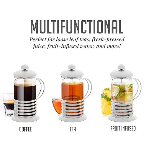 OVENTE French Press Coffee Maker 12 Ounce with Heat Resistant Borosilicate Glass, Stainless Steel Design and 4-Level Filter System, Portable Cold Brewer Pot for Travel, Camping or Gift, Silver FSH12S