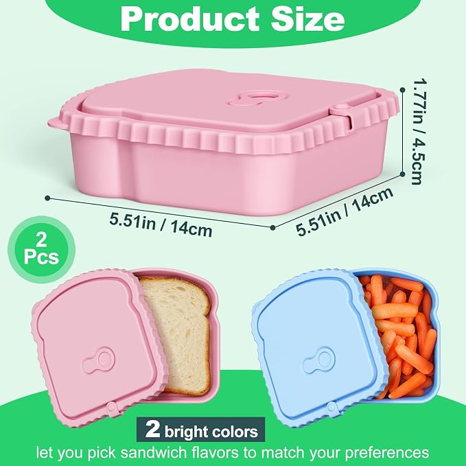 2 Pack Silicone Sandwich Container, Reusable Sandwich Bento Box with Lid for Lunch Fruit Snacks Bread, Colored Toast Shaped Container, Silicone Snack Containers for Office Picnic Travel Meal Prep