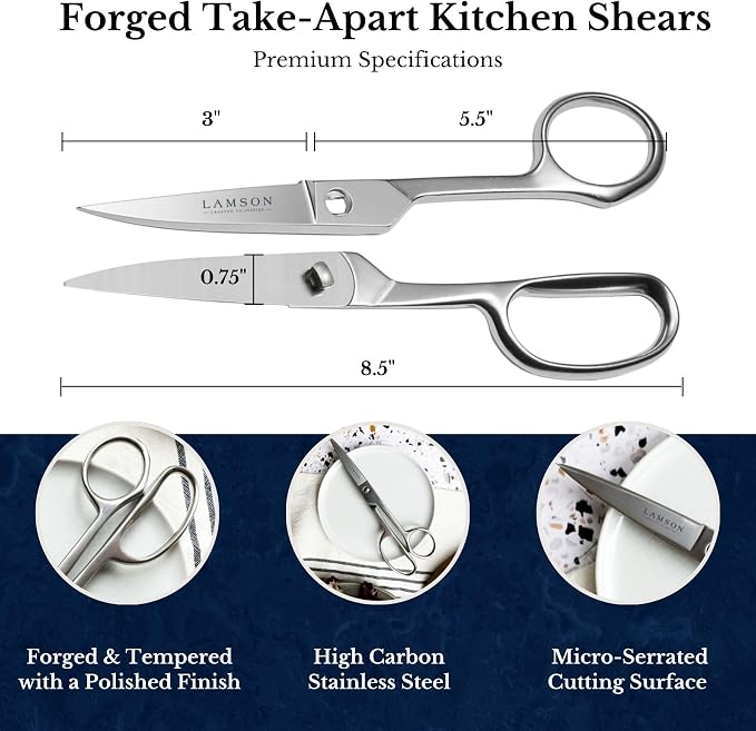 Lamson Forged Take-Apart Kitchen Shears – 8" High-Carbon Stainless Steel Kitchen Scissors | Dishwasher Safe, Made in USA, Poultry and Herb Shears