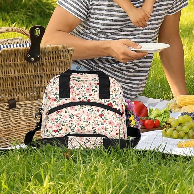 Floral Flower Insulated Lunch Bags for Women Girls Adult Ethnic Reusable Lunch Tote Therma Cooler Bag with Shoulder Strap Lunch Box for School Work Office Picnic Meal Prep Bag