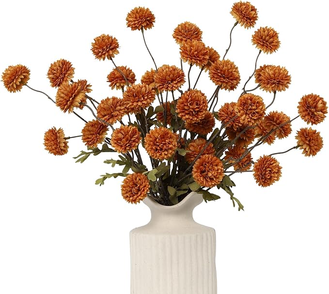 DuHouse 6pcs Artificial Flowers Faux Silk Pompon Mum,Silk Small Mini Chrysanthemum Ball with Stems for DIY Wedding Bouquets Centerpieces Vase Home Table Kitchen Decorations(Burnt Orange)