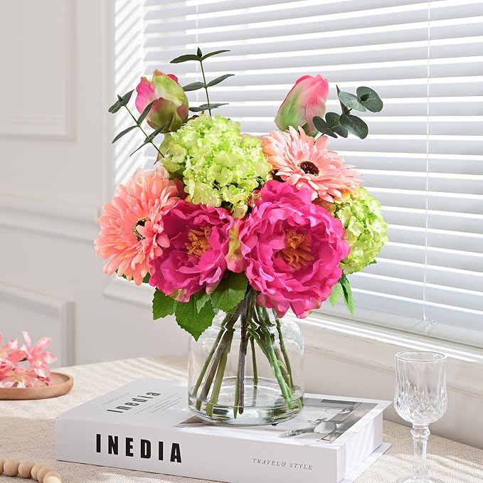 Livole Artificial Fake Flowers with Vase Silk Faux Flowers Arrangements in Glass Vase with Faux Water Centerpiece Table Decorations for Dining Room Home Office Shelf Wedding Decor（Fuchsia Pink）