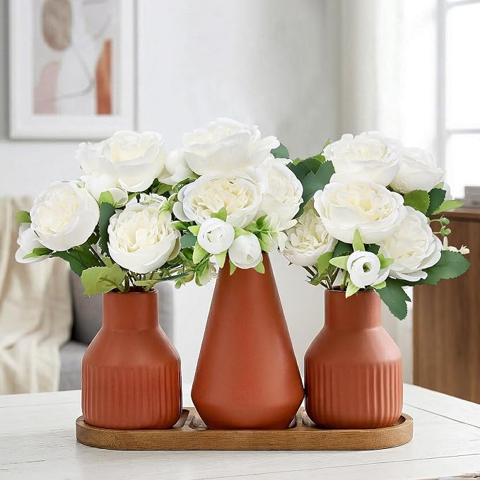Flower Table Centerpiece - Dining Table Centerpiece Decor Set of 3 Fake Peonies in Ceramic Vases & Wood Tray Modern for Kitchen Island Living Room Coffee Table Home Decor (White)