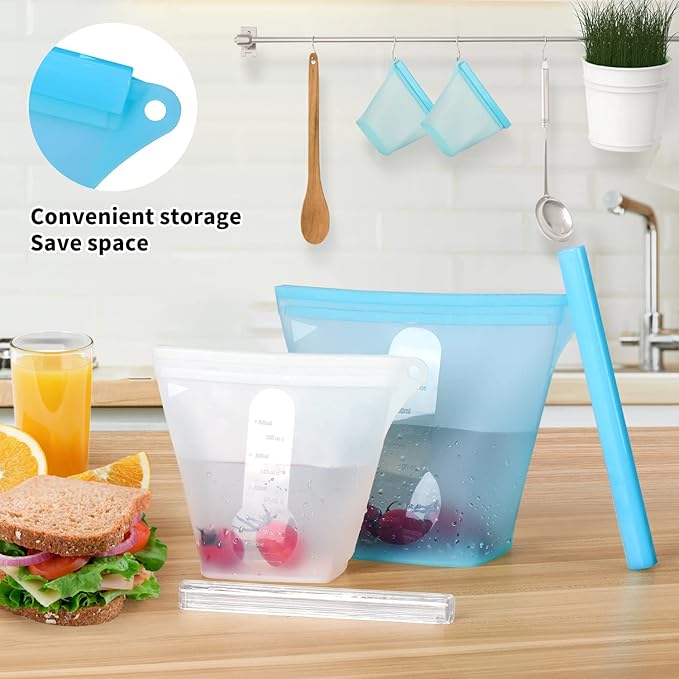 Reusable Silicone Food Storage Bags,Stand Up Leakproof Zip Containers,Reusable Sandwich Bags,Non-Toxic,BPA Free, Dishwasher Safe,Freezer-Safe,Easy to Clean（Set of 5）