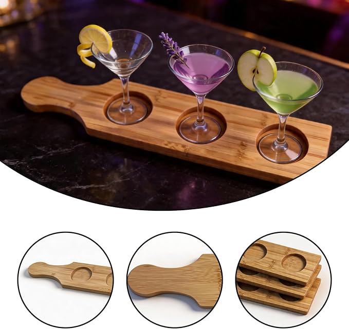 Flight Board, Bamboo Drink Flight Boards (6 Pack), 3-Hole Handheld Paddle Serving Tray for Beer, Wine, Whiskey Tasting, 15.35 × 3.15 Inch Individual Display Stand