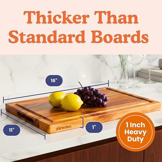 Non Toxic Wood Cutting Board - Conditioned with Natural Beeswax Flaxseed & Lemon Oil - Free of Mineral Oil - Made of FSC Certified Acacia Wood - 16" x 11" Thick Cutting Board by Ziruma