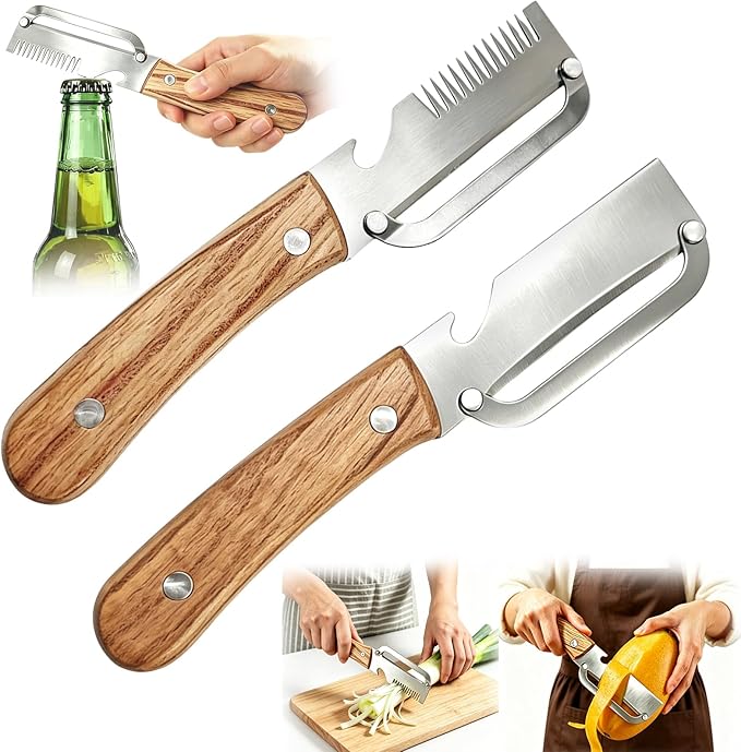 2 Pcs Multi-Functional Vegetable Peeler, Stainless Steel Blade with Wooden Handle, 3-in-1 Fruit Peeler with Bottle Opener and Grater, Kitchen Tool for Apple Potato Pumpkin Fruit Veggie