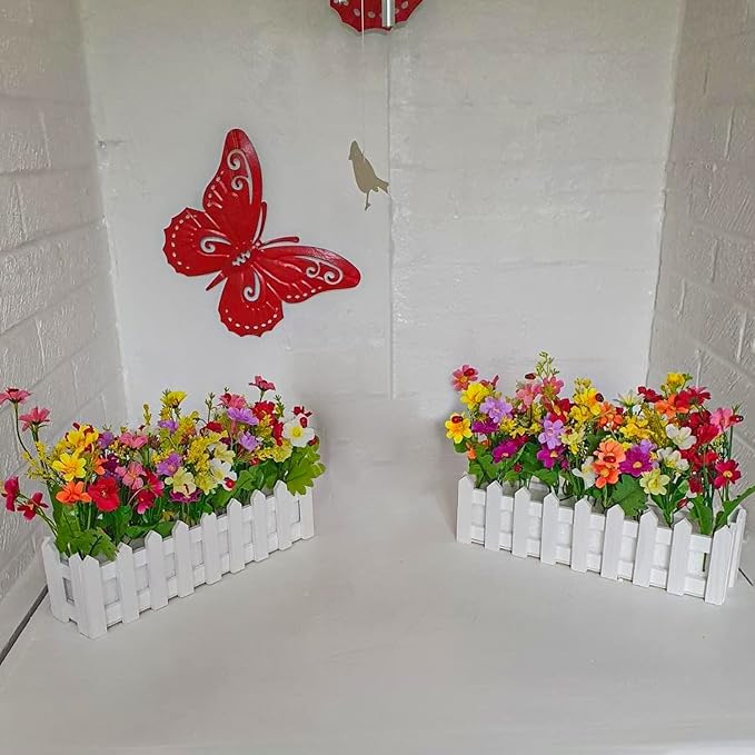 XONOR Artificial Flower Plants - Mixed Color Daisies in Picket Fence Pot for Indoor Office Wedding Home Decor, 2 Sets