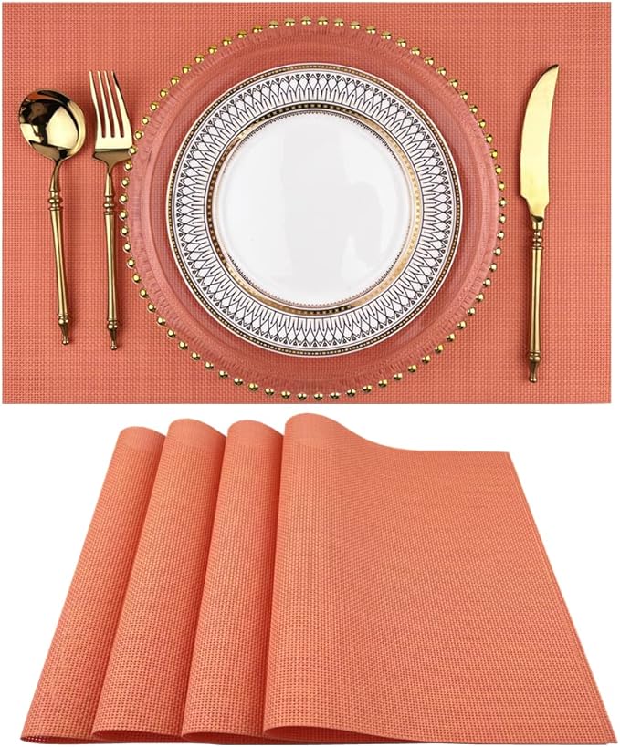 WAZAIGUR Placemats,Easy to Clean Crisscross Woven Vinyl Place Mats Durable Non-Slip Heat Resistant Table Mats,Placemats for Kitchen Table (Orange, 4)