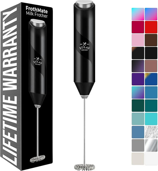 Zulay Kitchen Powerful Milk Frother Wand - Handheld Stainless Steel - Battery Operated Drink Mixer for Coffee, Lattes, Cappuccino, Matcha - Froth Mate Frother Gift - Midnight Black