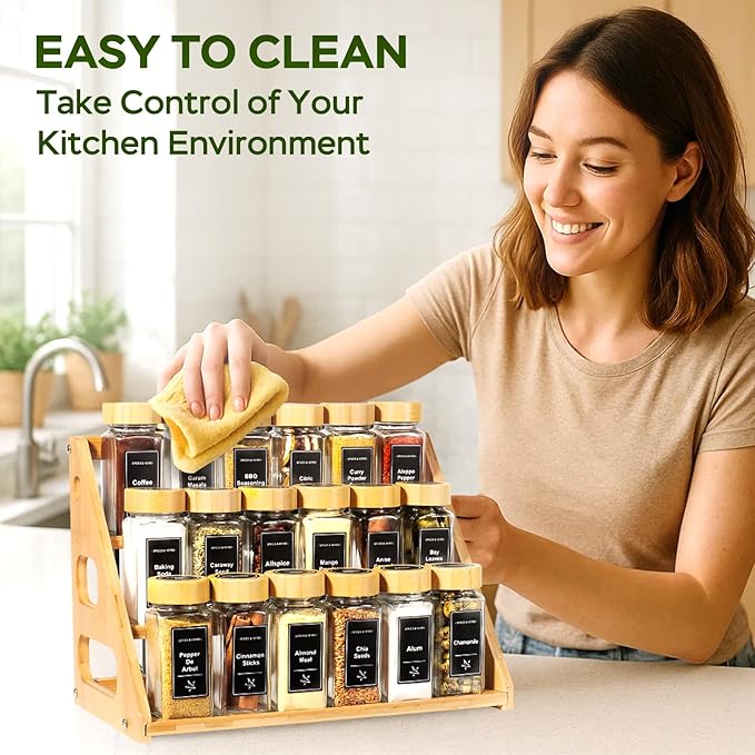 Spice Rack - Tiered Spice Rack Organization for Cabinet - 3 Tier Bamboo Display Spice Shelf for Countertop，Holds 24 Spice Jars