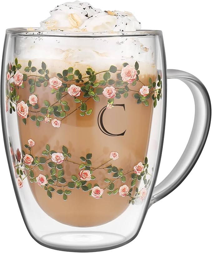 Initial Glass Cup for Women, 12oz Rose Double Walled Glass Coffee Mugs, Personalized Gifts for Women, Initial Coffee Tea Mug with Scarf, Birthday Gifts for Mom Friend (ROSE-C)