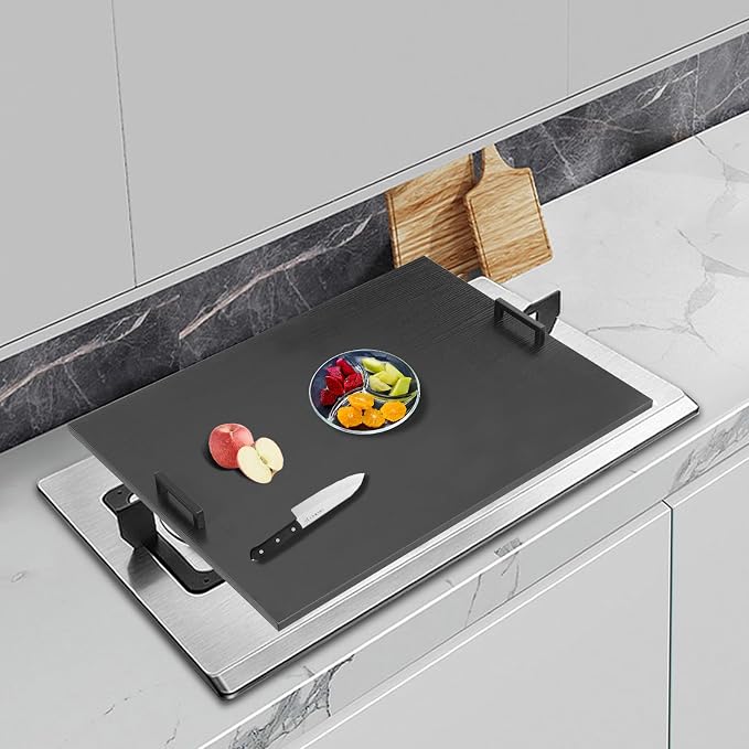 Noodle Board Stove Covers with Handles, 29 x 21In Durable Extra Thick Acacia Wood Counter Space Top Covers for Electric Stoves & Sink Rustic Decorative Tray for Kitchen