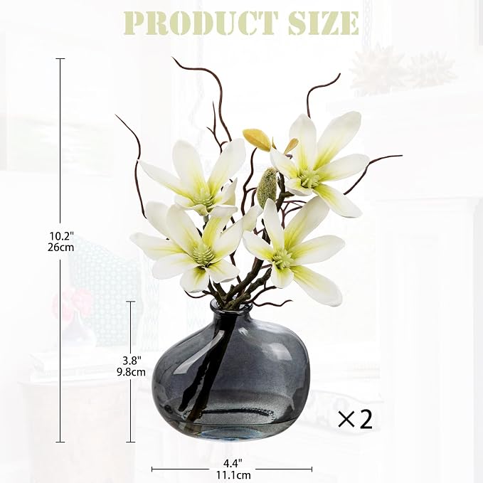 Briful 2PACK Artificial Magnolia Flowers with Grey Glass Vase, Small Faux Magnolia Arrangement Realistic Silk Flowers for Elegant Home Table Shelf Bathroom Decor