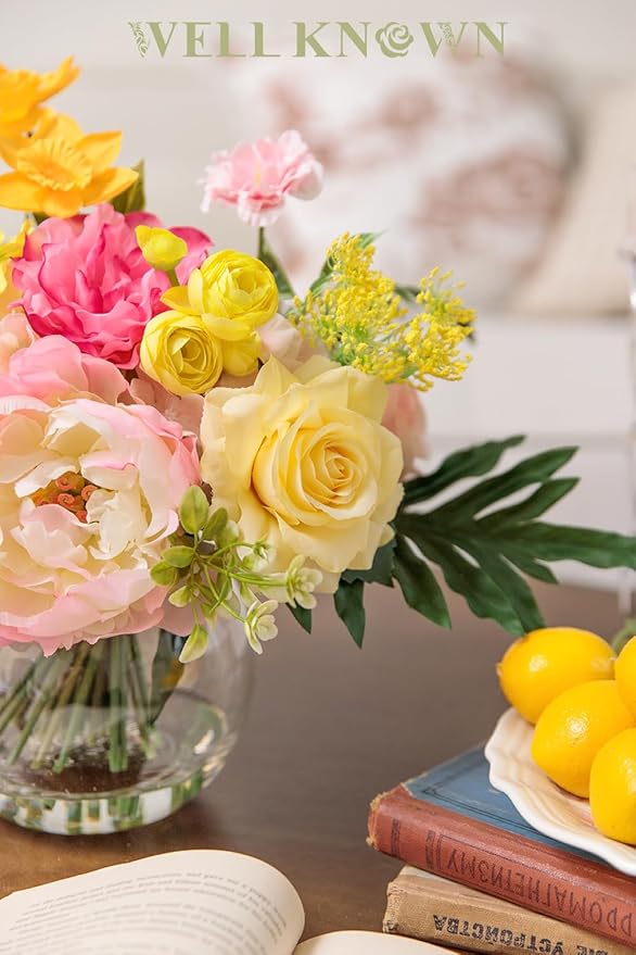 WELL KNOWN Artificial Flowers Centerpieces in Glass Vase with Fake Water, Yellow & Hot Pink Silk Rose Peony & Fake Tulips Bouquet for Birthday Party Wedding Dining Table Office Decor & Mom's Gift