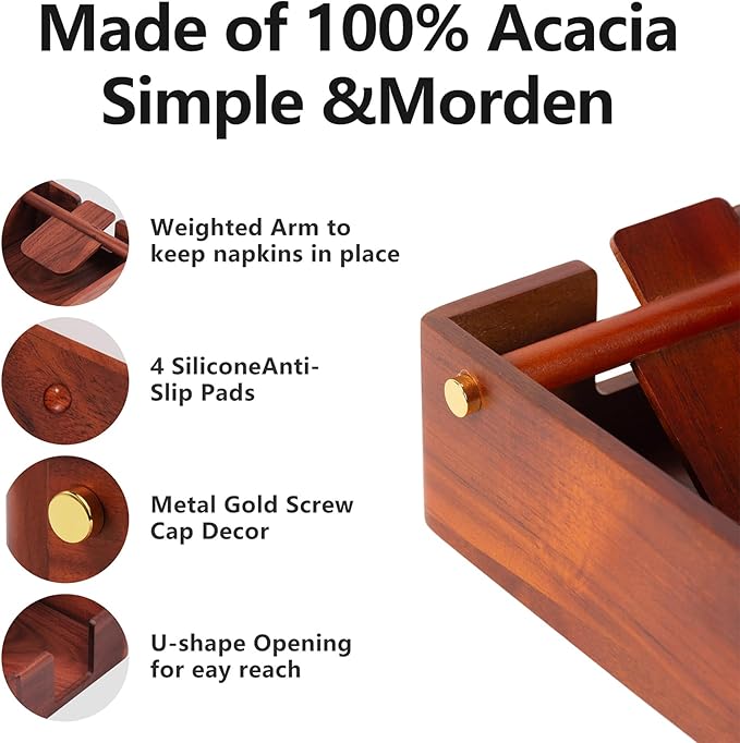 Natural Acacia Napkin Holder for Table, Napkin Dispenser, Decorative Beverage Napkin Holder for Kitchen, Home,Bar (Natural)