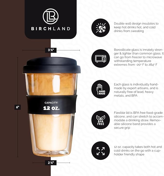 Birchland Double Wall Glass Coffee Cup with Lid, Insulated, 12 oz, Set of 2