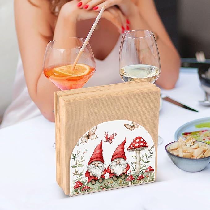 Fustylead Cute Red Gnomes with Mushroom Butterflies Napkin Holder for Table Acrylic Cocktail Napkin Holders Small Decorative Napkin Dispenser for Home Party Holiday Dining Kitchen Accessories