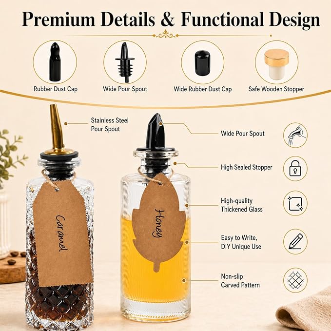 ChezMax Syrup Dispenser Bottles Set of 4, Simple Syrup Bottle for Coffee Bar Accessories, 5oz Glass Coffee Syrup Dispenser Syrup Containers for Maple Honey Syrup Oil, Metal Pour Spouts & Labels