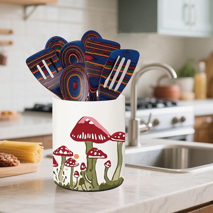 Mushroom Kitchen Decor, Ceramic Utensil Holder Bee Decor, 6.5 Inch Farmhouse Indoor Kitchen Decorative Utensil Rack For Spoon Storage and Cooking Tools