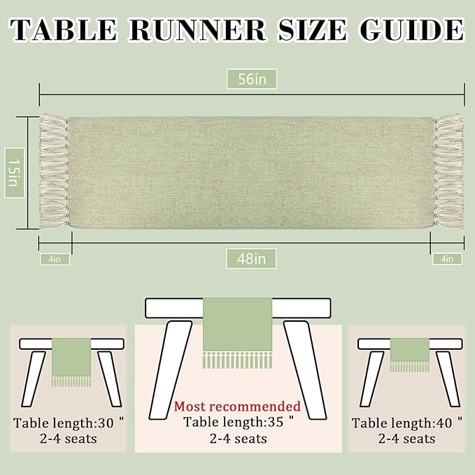yuboo Sage Green Table Runner 48 Inches - Boho Farmhouse Coffee Table Runner for Living Room, Easter Decor, Spring Macrame Runner for Round Table & TV Stand