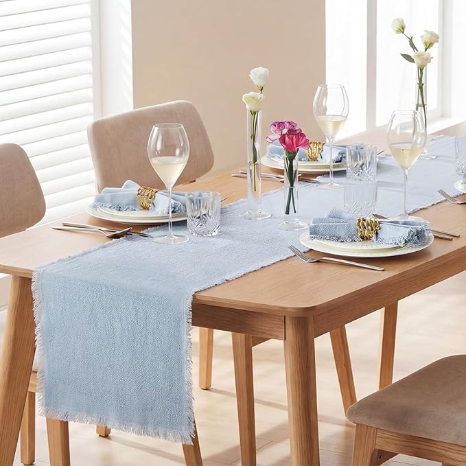 KINGSTONE 14 x 108 Inches Frayed Edge Table Runner, 270G Heavyweight Sand Washed Slub Texture Cotton Linen for Modern Farmhouse, Rustic Home Decorations Dining Room Wedding Boho Decor, Light Blue