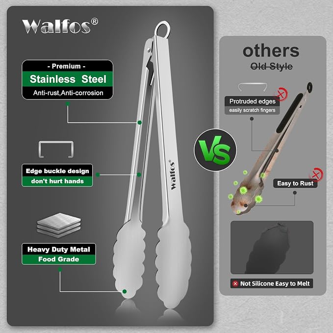 Walfos tongs for cooking, All Metal Kitchen Tongs 600℉ Heat Resistant, Heavy Duty Locking Tongs 2-piece 12 Inch
