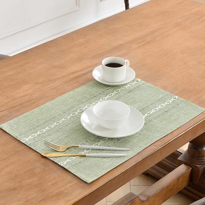 Wracra Cotton Linen Placemats, 12 x 18 Inch Set of 8 Placemats Rustic Hemstitch Place Mats for Kitchen Table and Heat Resistant-Hemstitch Sage Green