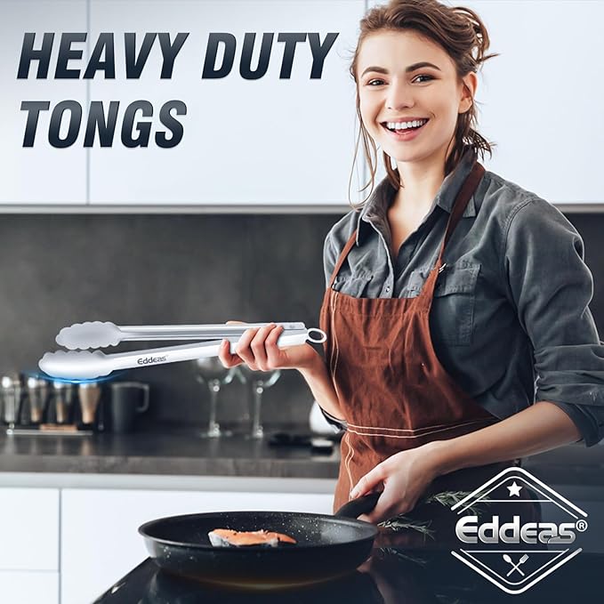 Eddeas Tongs For Cooking - All Metal Heat Resistant 600 Degrees Kitchen Tongs, Stainless Steel Locking Tongs, For Food,Salad, BBQ, Grill, Dishwasher, Set of 3-7",9" & 12 inch