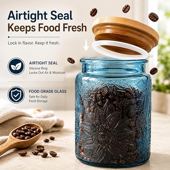 ANSQU Blue Glass Canister with Lid, 23.7 oz Vintage Embossed Glass Jar, Airtight Food Storage Container for Coffee Beans, Tea, Sugar, Candy, Cookies, Decorative Kitchen Pantry Organizer