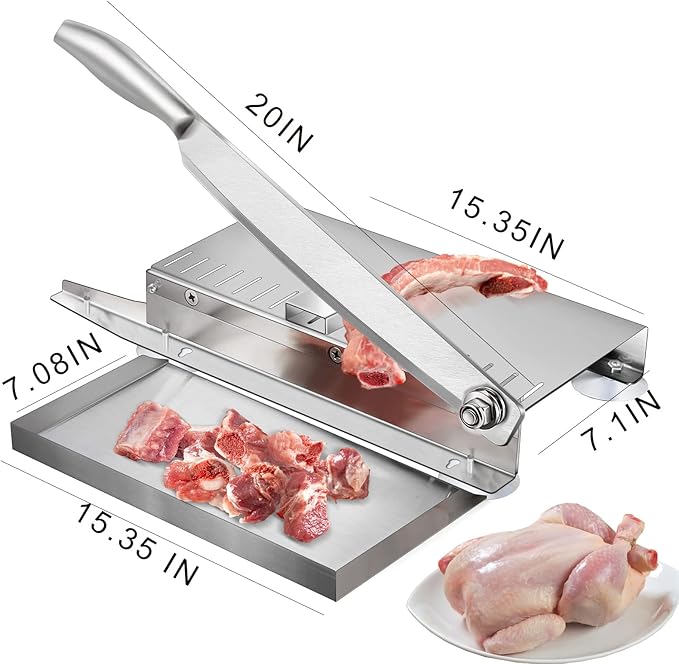 Meat Slicer Bone Cutter 20in，Manual Ribs Chopper for Chicken Fish or Beef，Stainless Steel Frozen Meat Slicer with Food Tray