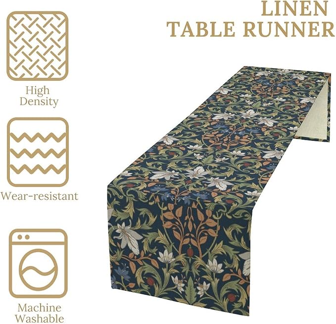 William Morris Table Runner,Vintage Style Floral Plant Table Cloth for Wedding Birthday Party Kitchen Dining Home Everyday Decor 13x36 Inch