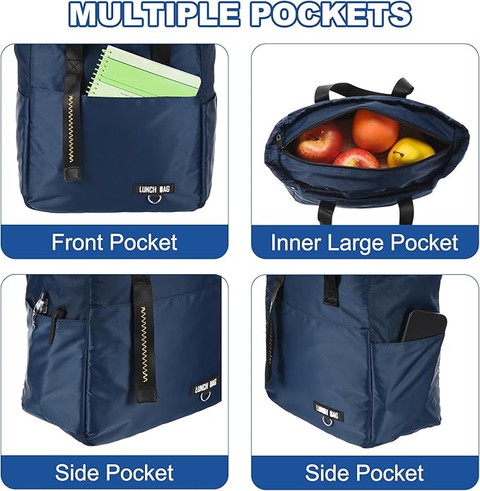 PATIKIL Insulated Lunch Bag Reusable Large Lunch Bag for Women & Men Thermal Lunch Box Leakproof Cooler Tote Bag with Side Pockets for Adults Picnic Office Work, Cyan (10.6"x6"x11")